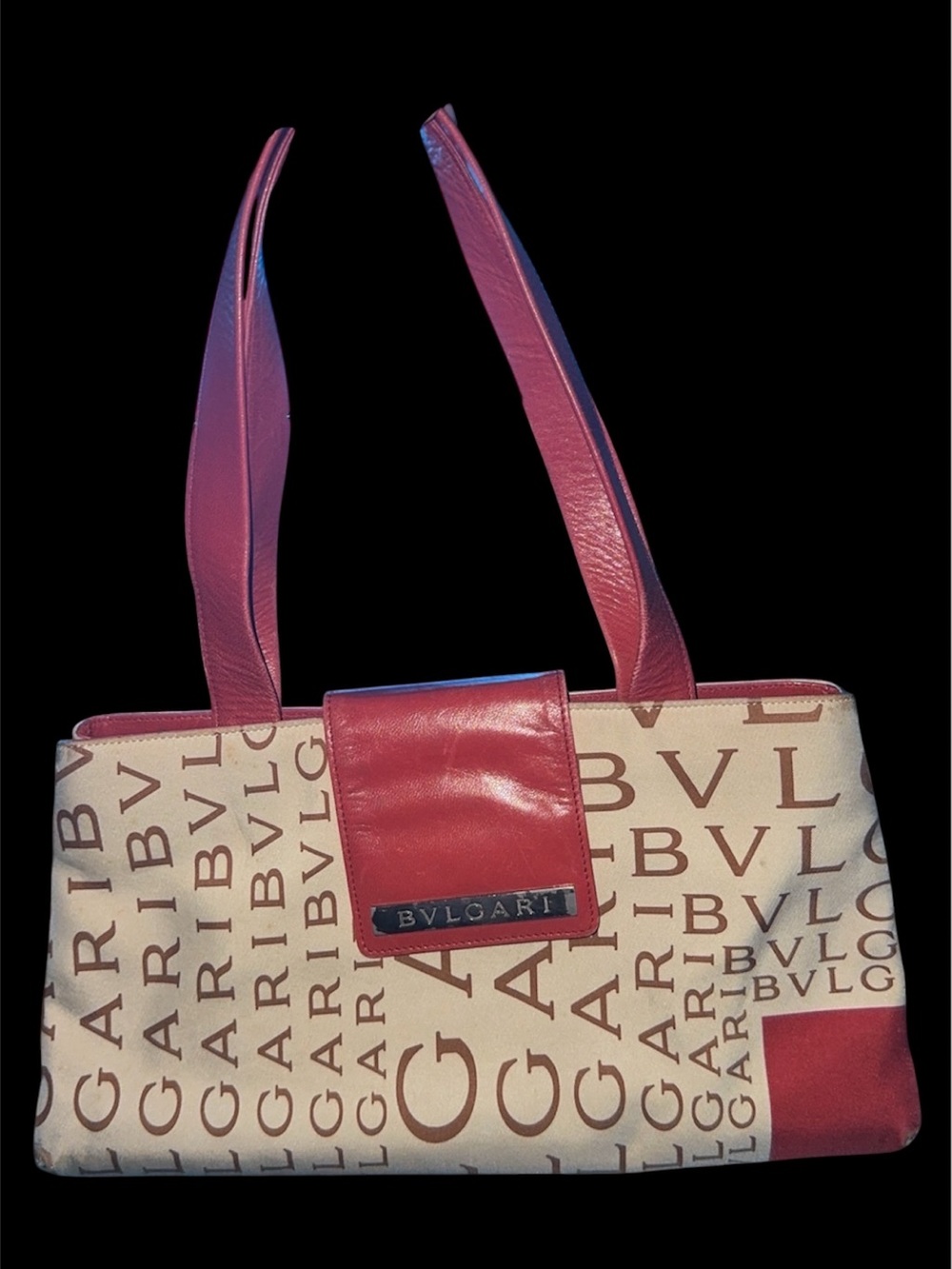 BLVGARI Red and Cream Logo Canvas Shoulder Bag